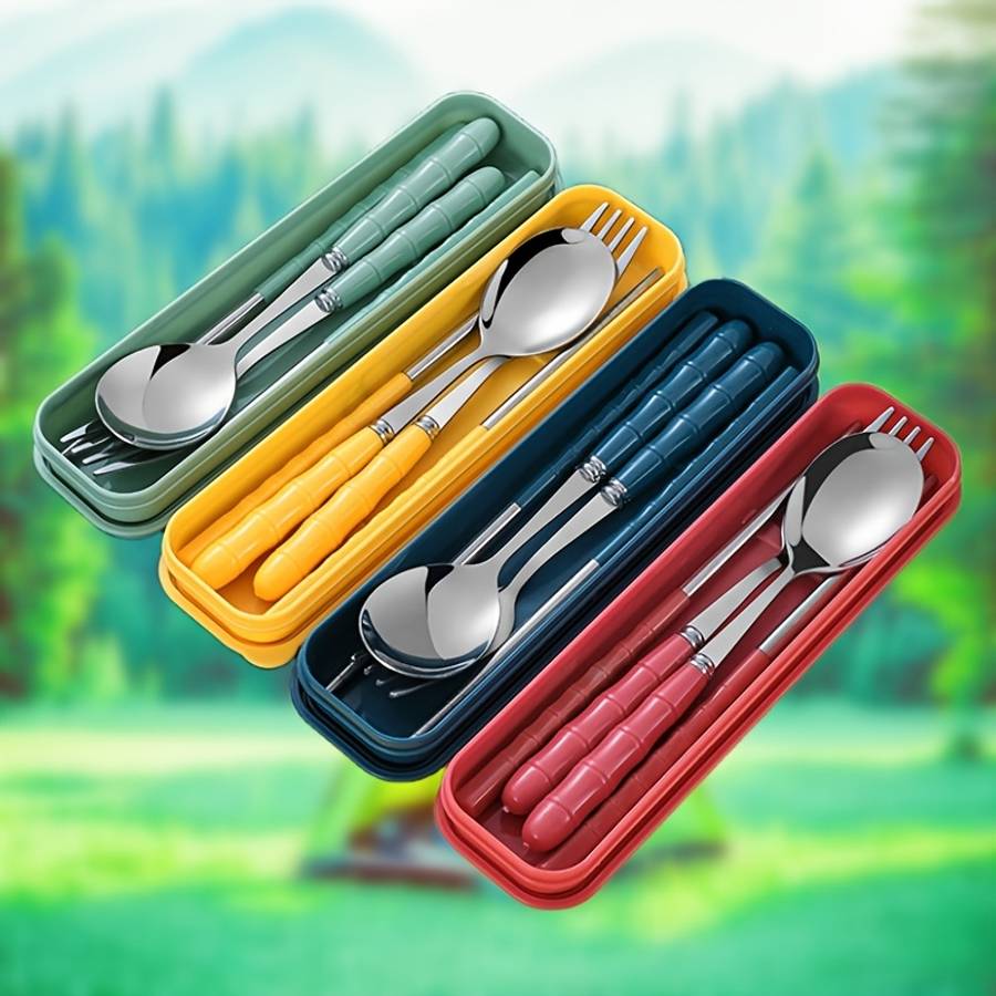 Heavy Duty 3 In 1 Stainless Steel Camping Utensils Set Reusable Plastic Cover