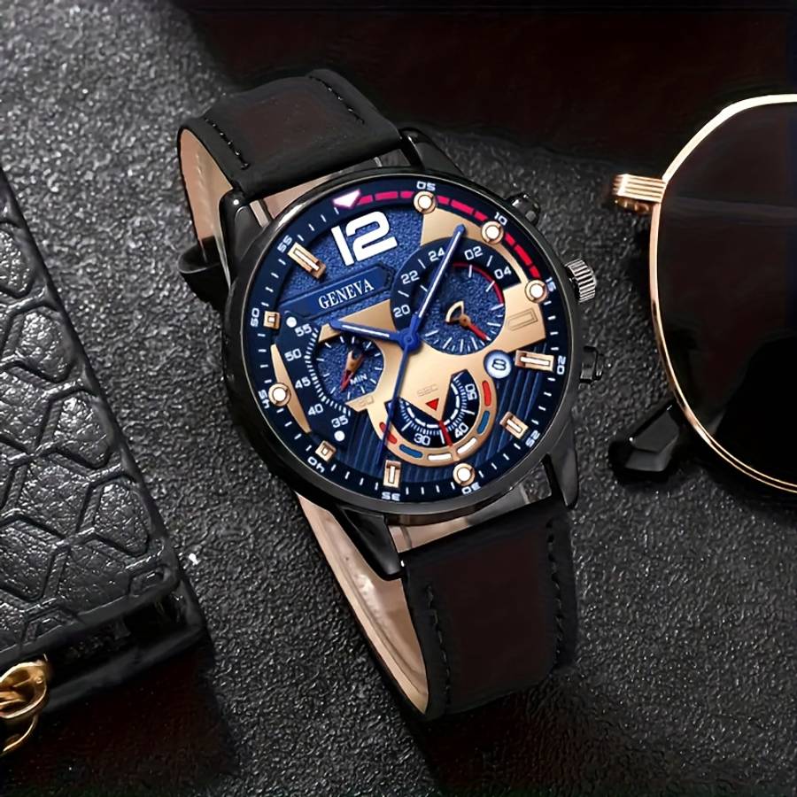 4Pcs Men Luxury Analog Watch Jewelry Suite With Calendar Quartz Movement