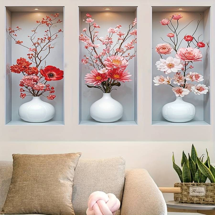 3Pcs Premium Floral Vase Wall Decals Modern Minimalist Cherry Blossom Living