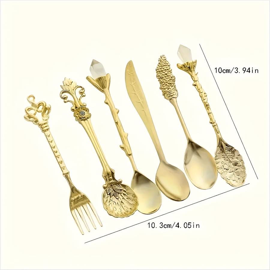 6pcs set of retro royal style dessert tableware stainless steel with Golden carvings small sp