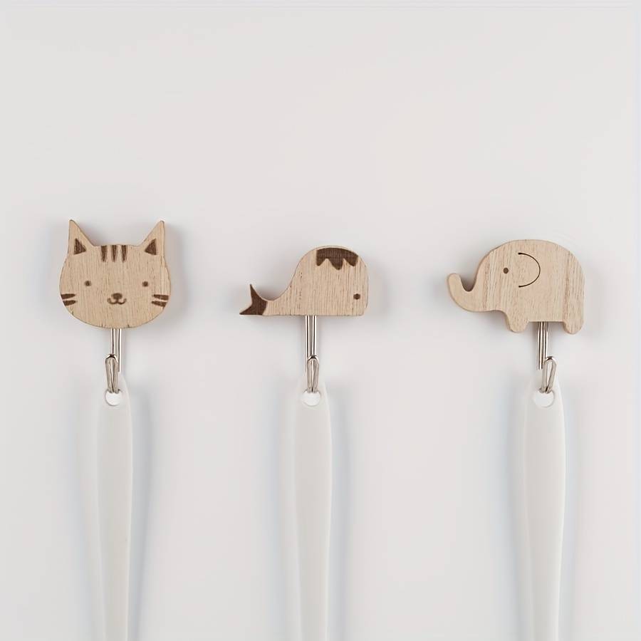 Wooden Animal Wall Self Sticky Hook For Keys Towels Etc color 2pc Elephant