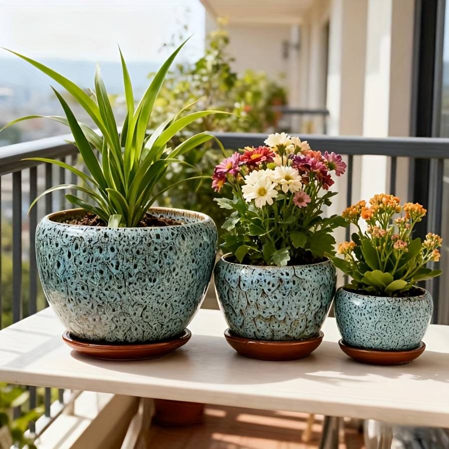 Flowerpot Style 3Pcs With Tray Flower Pot Peacock Yellow