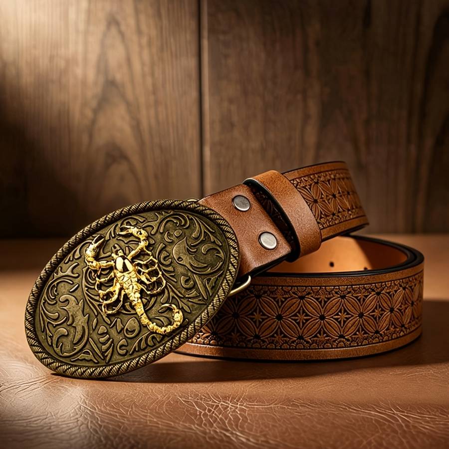 Belt Color Copper Base With Golden Scorpion  Brown Checkered Pattern Size 105 108Cm 41.34 42.52In