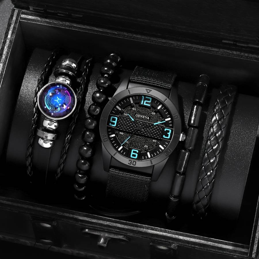 5Pcs Fashion Casual Elegant Round Retro Canvas Strap Quartz Men Watch
