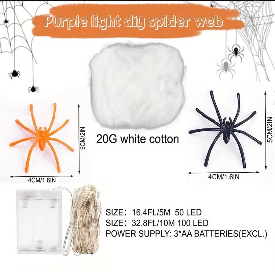 Halloween Decorations Color Purple Light Model 10M 100Led Add  30 Spiders