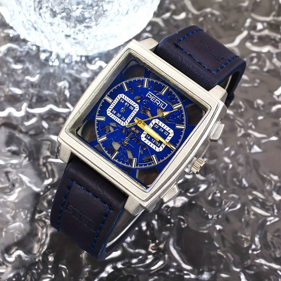 Men Quartz Watch Featuring Square Silvery Case With Hollow Design
