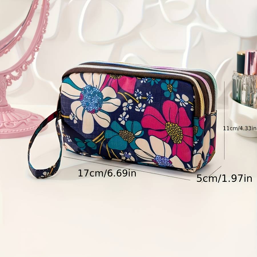 Elegant Floral Printed Polyester Wristlet Wallet Large Capacity Zippered Clutch Bag Lightweig