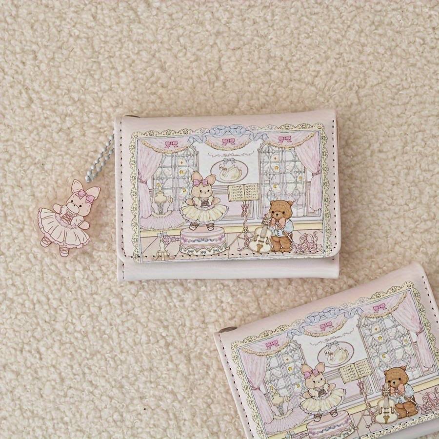 Cute Cartoon Design 3-Fold Wallet With Anti-Magnetic Features Multiple Card Slots Zipper Clos