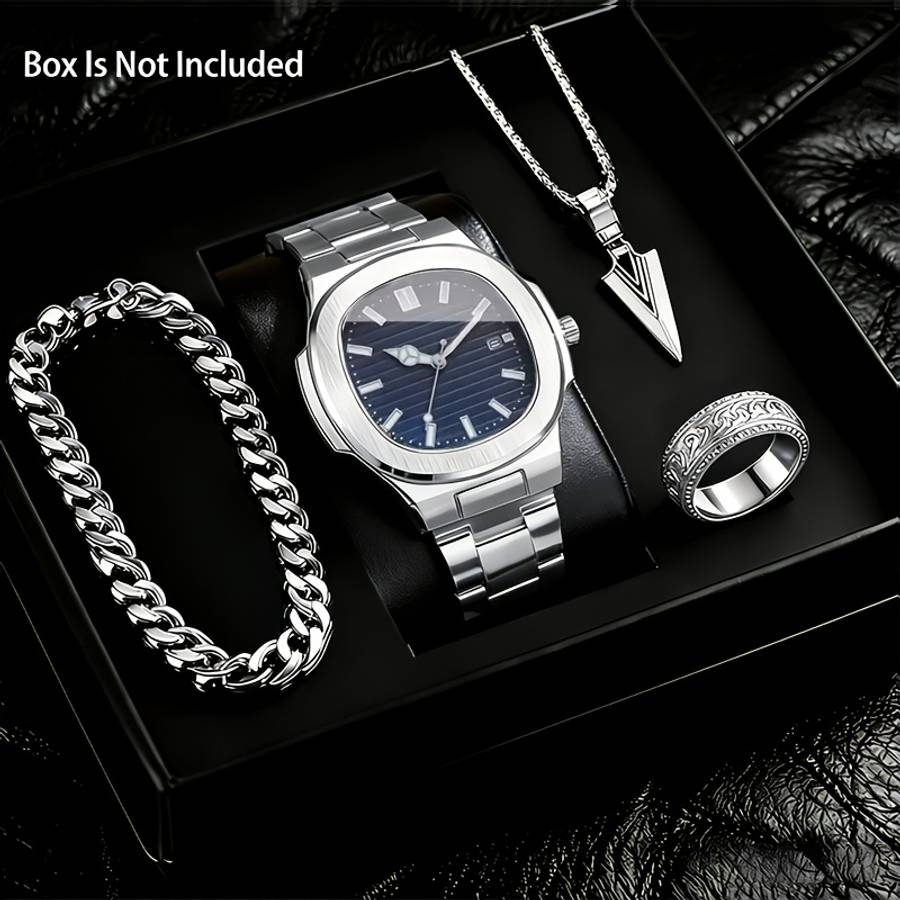 4Pcs Fashion New Men Luxury Quartz Watch Square Dial With Calendar