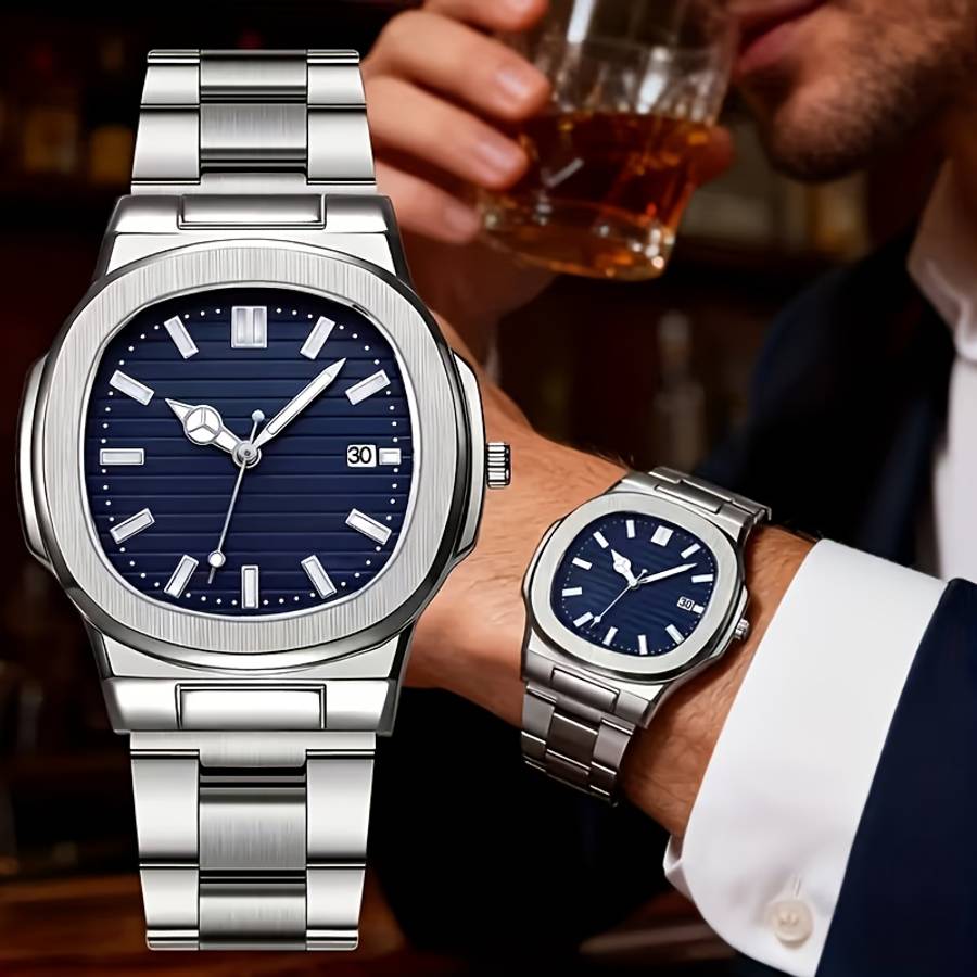4Pcs Premium Fashion New Men Luxury Quartz Watch Square Dial With