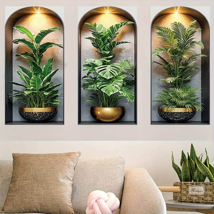3Pcs Stylish Modern Arched Wall Hanging Plant Stickers Tropical Palm Living