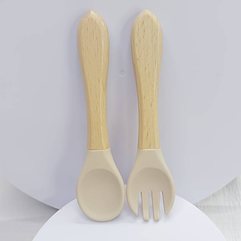 2pcs Customer Favorite 100% Food Grade Silicone Spoon and Fork with Wooden Handle BPA Free Su