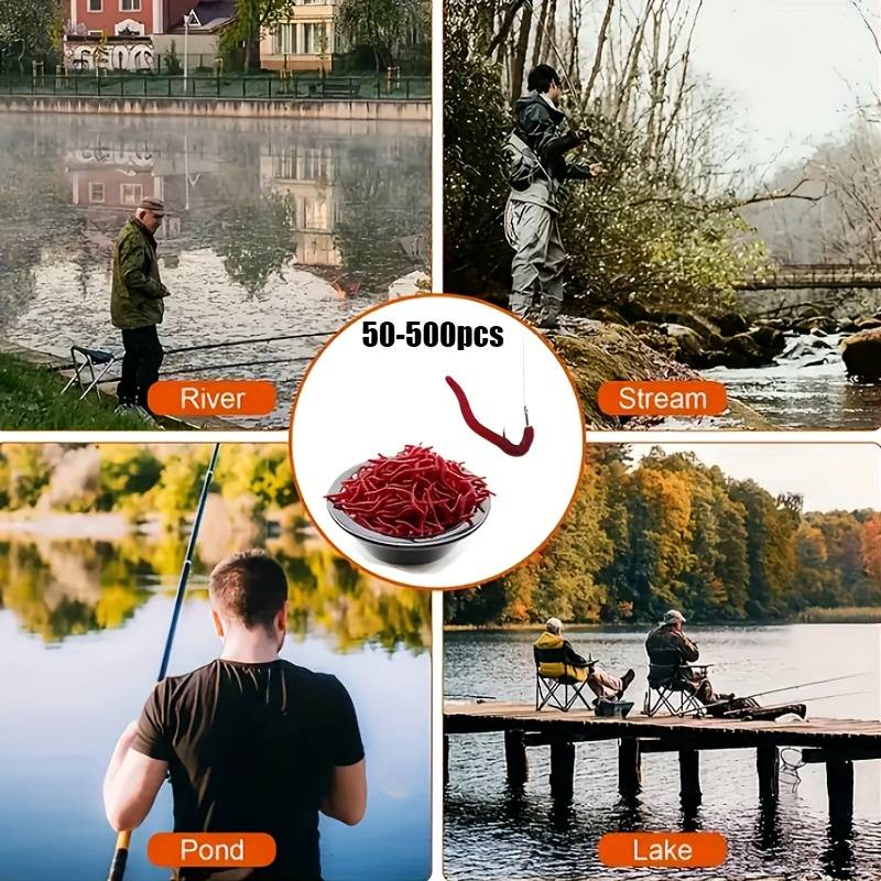 50pcs Simulation Soft Worm Lures Fake Red Earthworms Glowing Packaged Fishing Bait