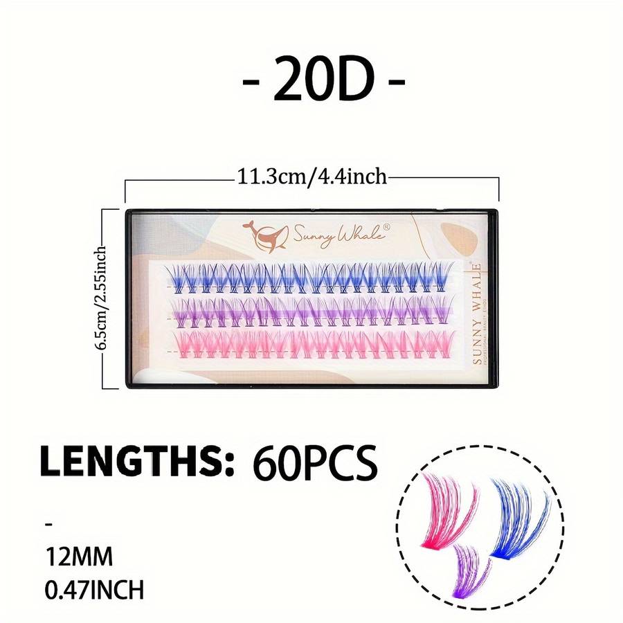 60pcs Natural Colored Individual Lashes Model 20d Blue Add Pink Purple