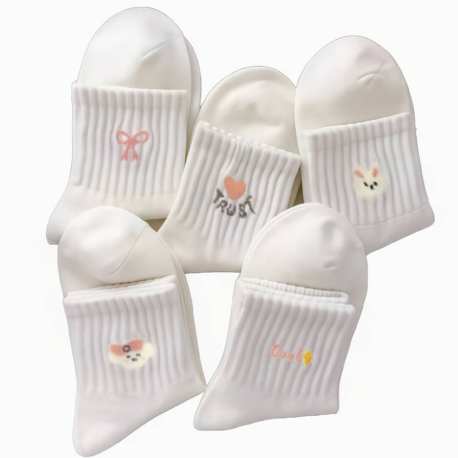 Women S Socks Items Pure White Cartoon 5 Pairs Pack