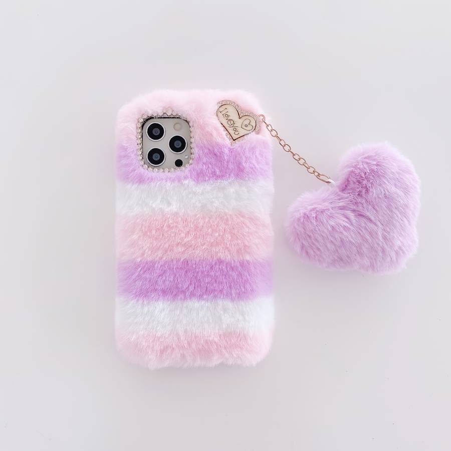 1Pc Mixed Color For iPhone 14 Plus Plush Heart Pendant Phone Case