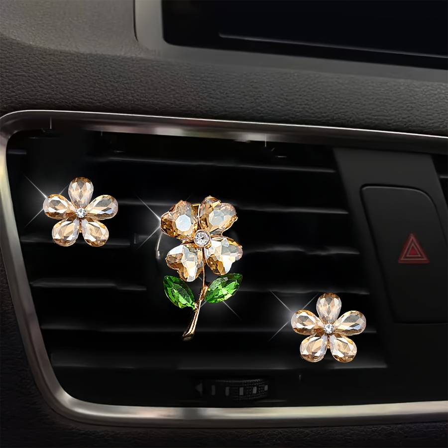 Car Interior Decor Items 3 Pieces Of Bright Red Four Leaf Flower  Add  Two Crystal Flowers