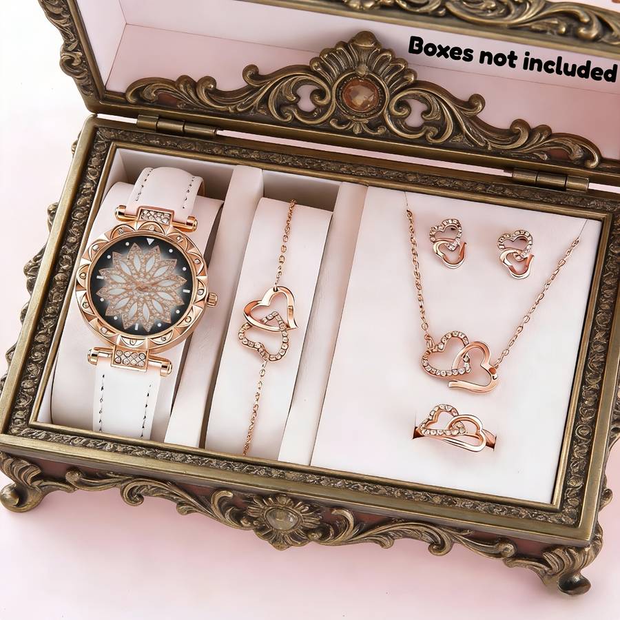 6Pcs Quartz Ladies Watch Heart Themed Necklace Ring Earrings