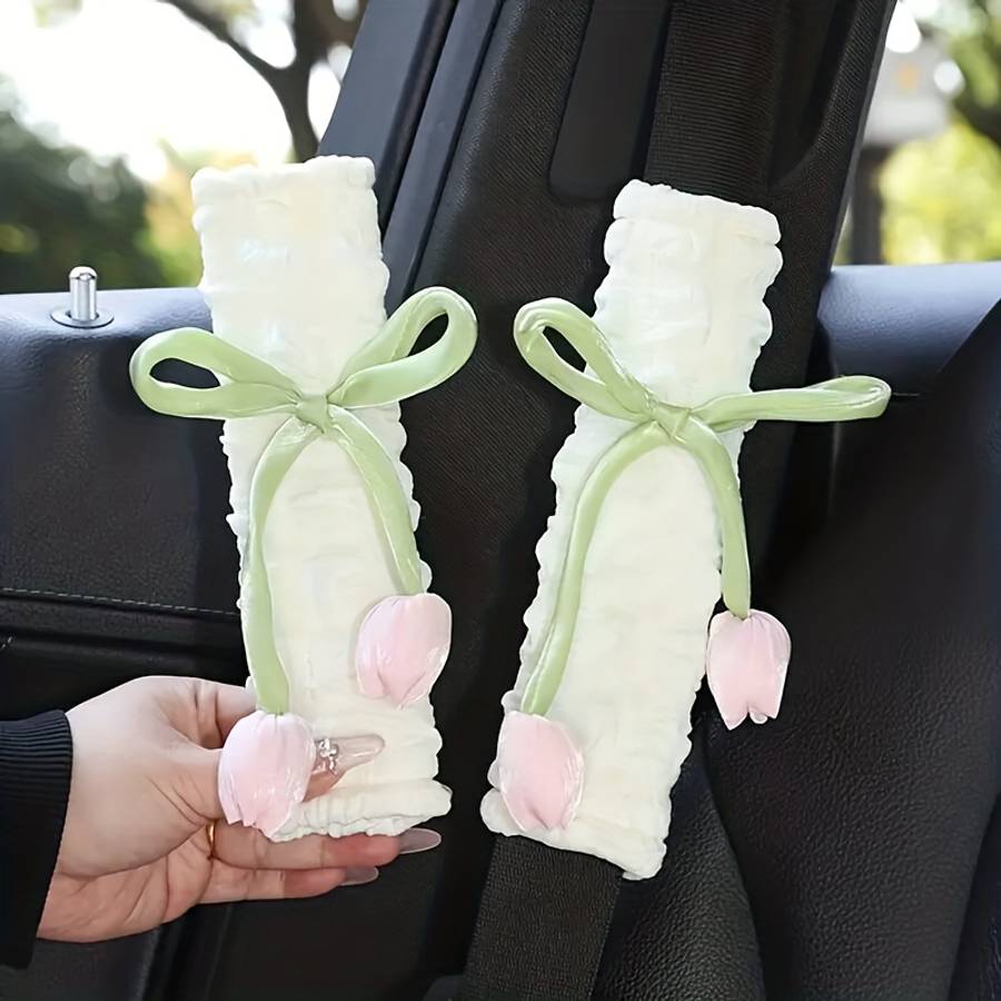 Car Seat Belt Covers 2Pcs Powder Add White