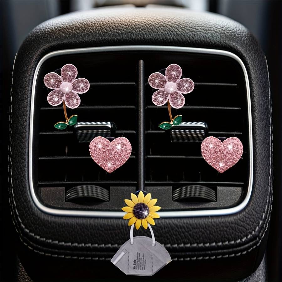 Car Interior Decor Items 4 Pieces Of Pink Flower  Add  Heart
