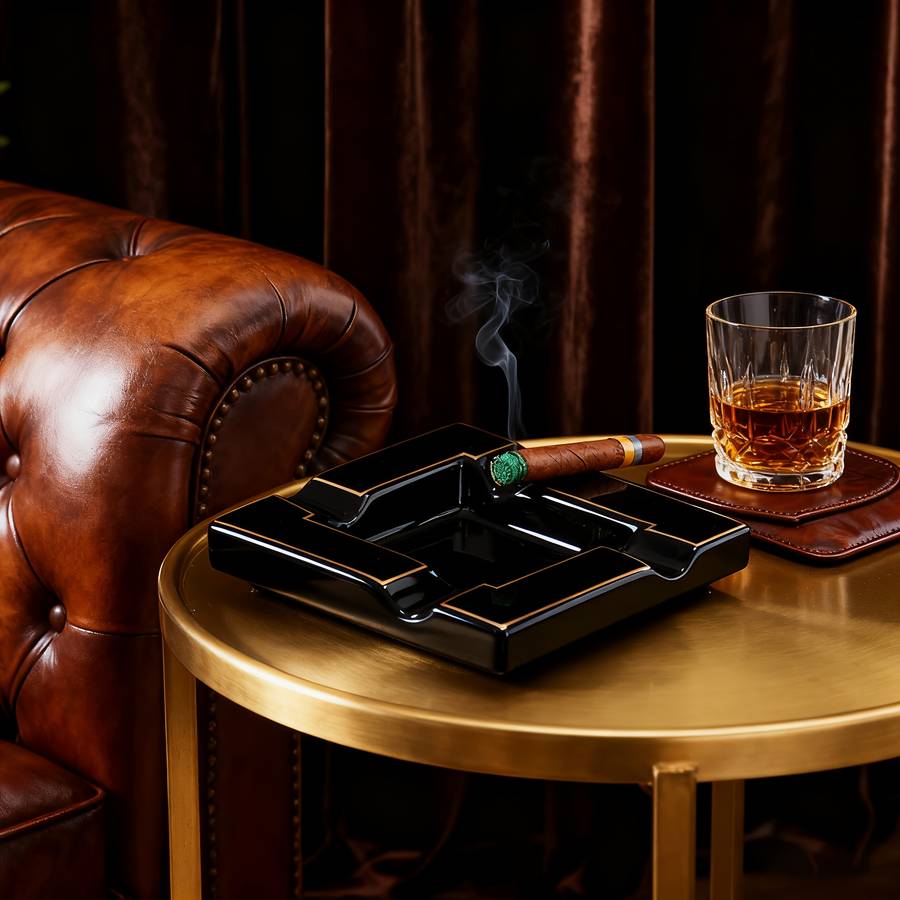 Heavy Duty Luxury Black Golden Ceramic Ashtray With Smoke Slot Design Black