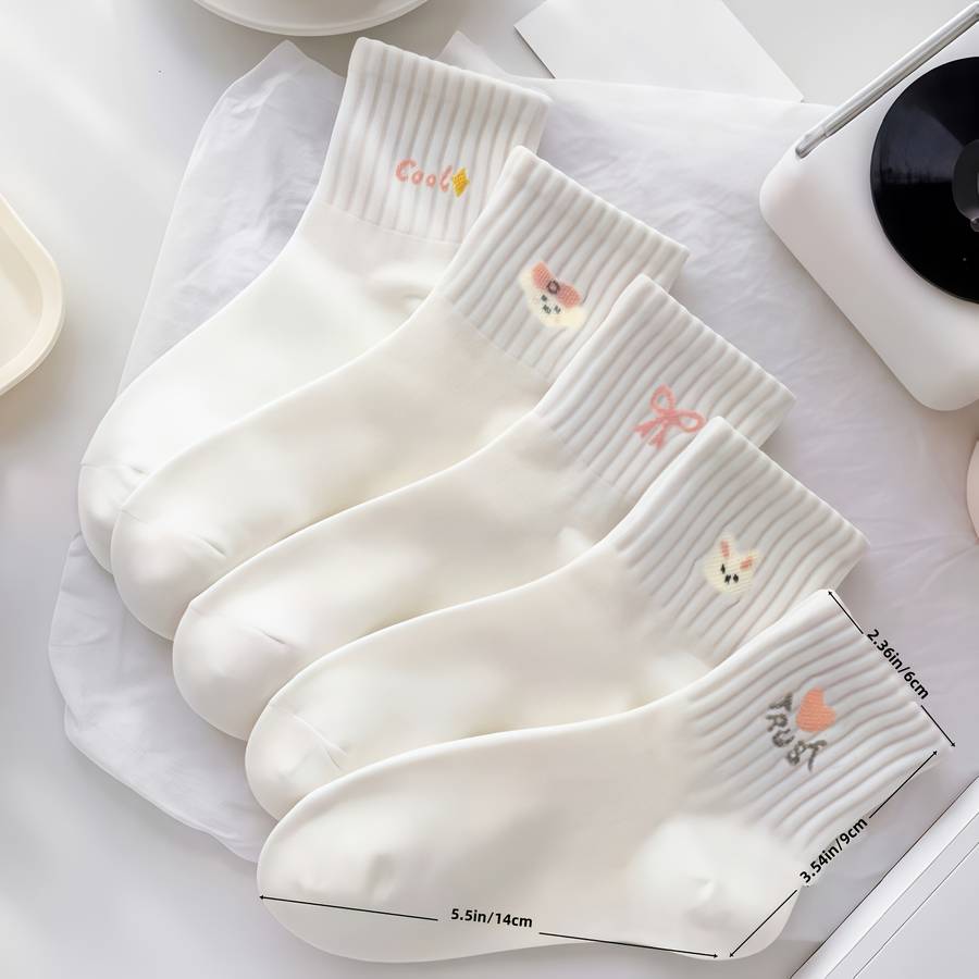 Women S Socks Items Pure White Cartoon 5 Pairs Pack
