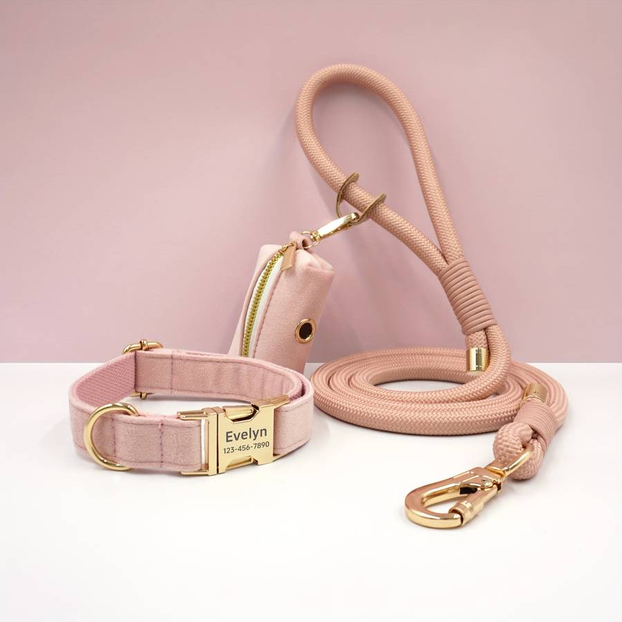 Dog Leash Color Light Pink Velvet Round Rope 3Piece Set Size L