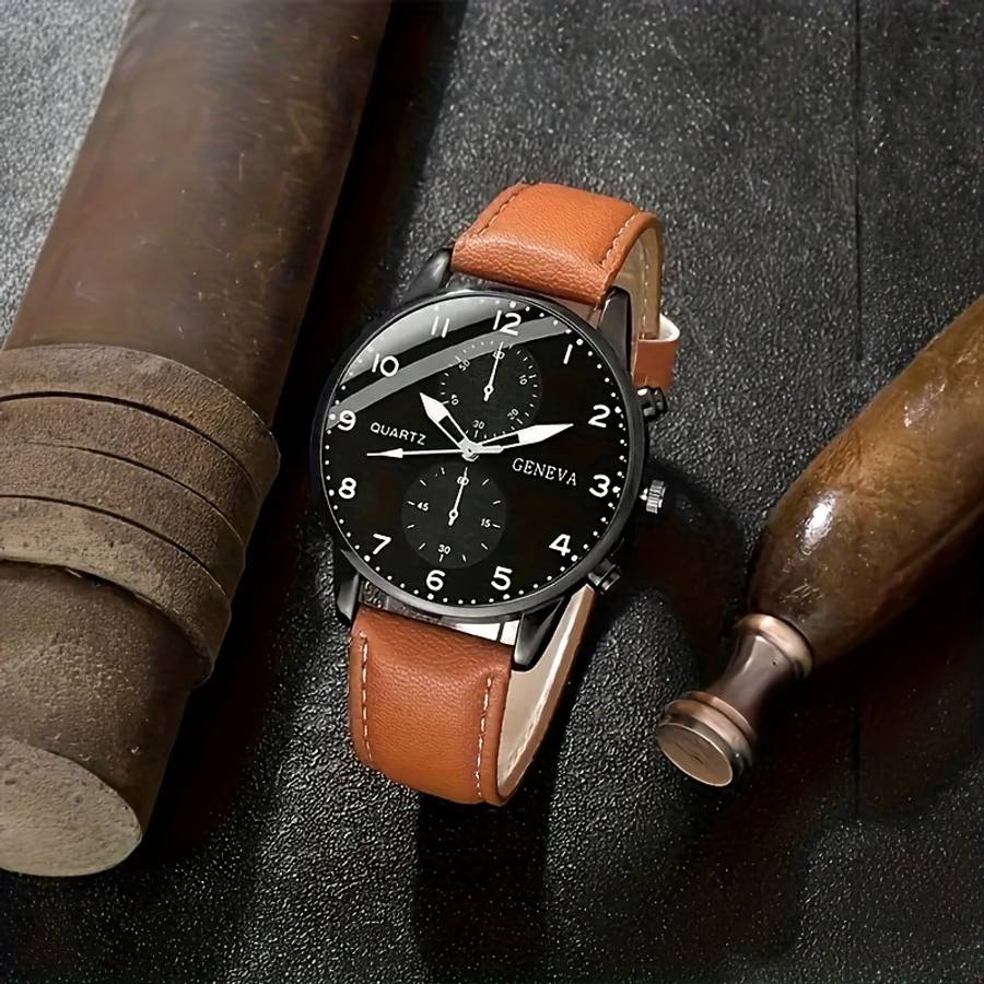 4Pcs Classic Quartz Men Watch Zinc Alloy Case Faux Leather And