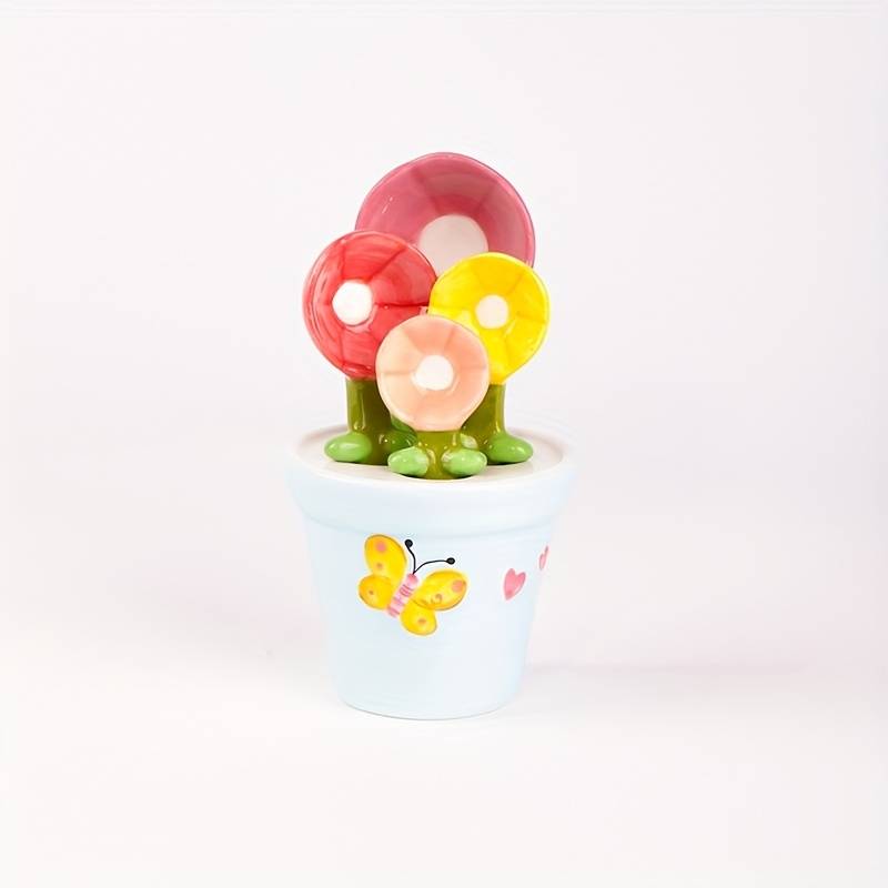 1 Set of Flower Spoons with Storage Rack Cute Household Kitchen Ceramic Spoons with Base Kitc