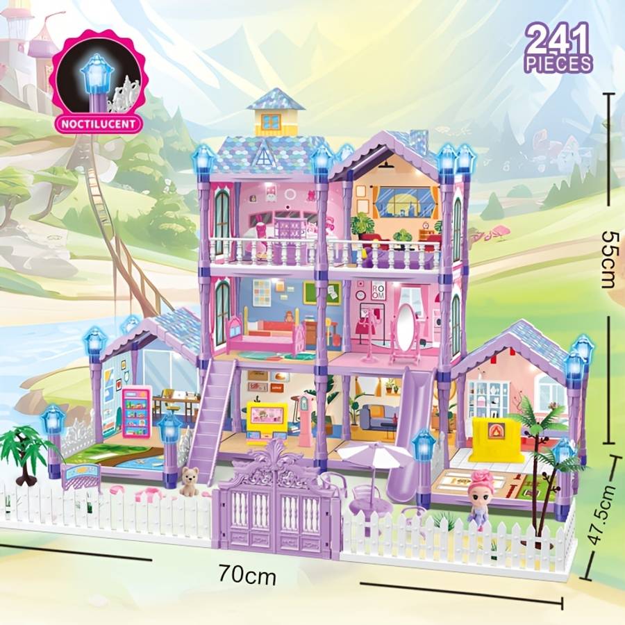 3D Building Model Puzzle Set Items Luminous Diy Princess Villa Castle Pink 242 Pieces