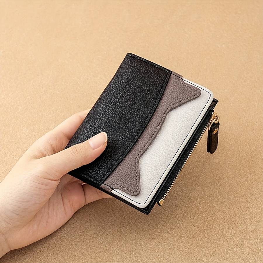Litchi Texture Wallet Women'S Short Bifold Purse Creative Zipper Multicolor Patchwork Coin