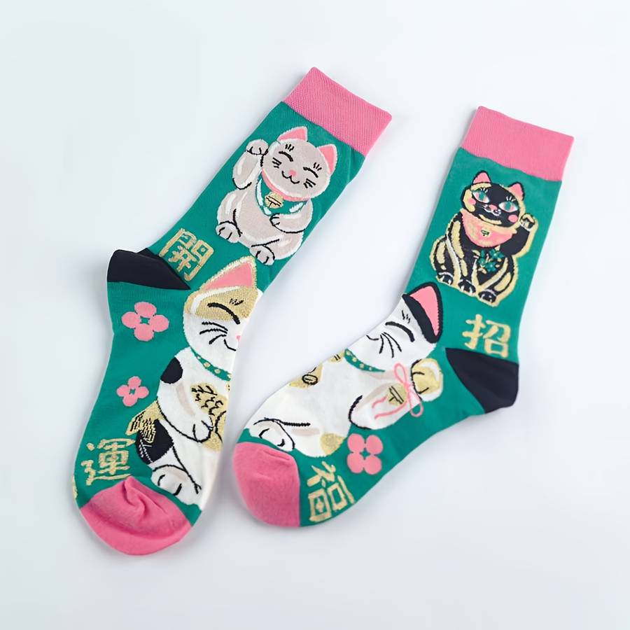 Women S Socks Color Green Base Lucky Cat1 Pair Size Onesize