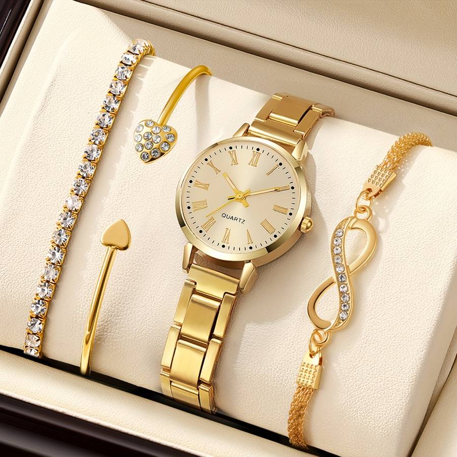 4Pcs Minimalist Roman Numeral Quartz Watch Bracelet Combo Model Golden