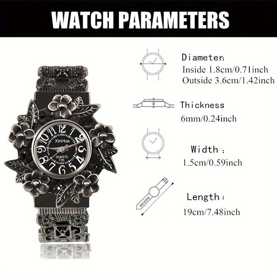 Vintage Women Bracelet Watch 3D Floral Leaf Quartz Wristwatch Black
