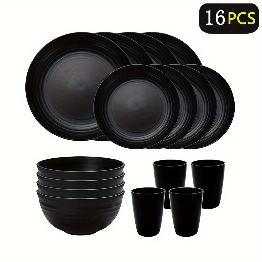 Bowl Color 16Pcsblack Wheat Cup  Bowl  20 Plates  25 Plates