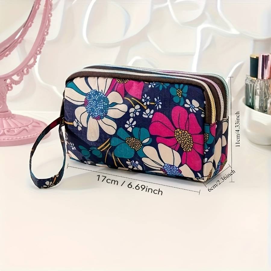 Elegant Floral Printed Polyester Wristlet Wallet Large Capacity Zippered Clutch Bag Lightweig