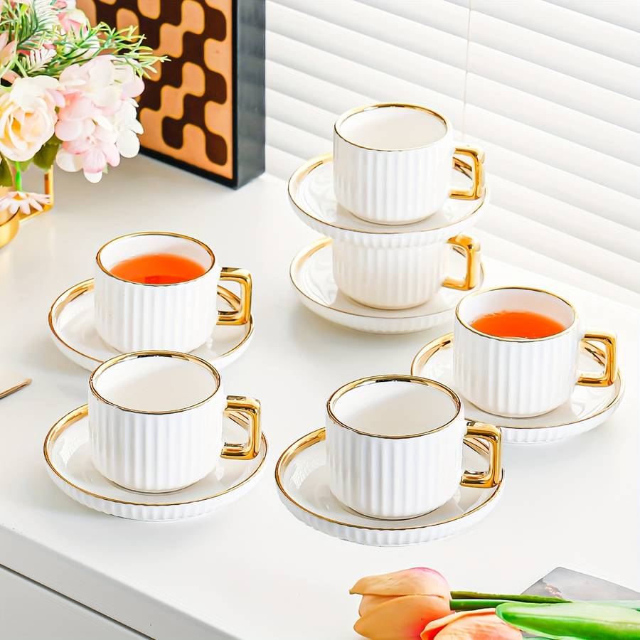 Water Cup Color White Golden Model3001 Ceramic Golden Edge 6 Cups 6 Plates