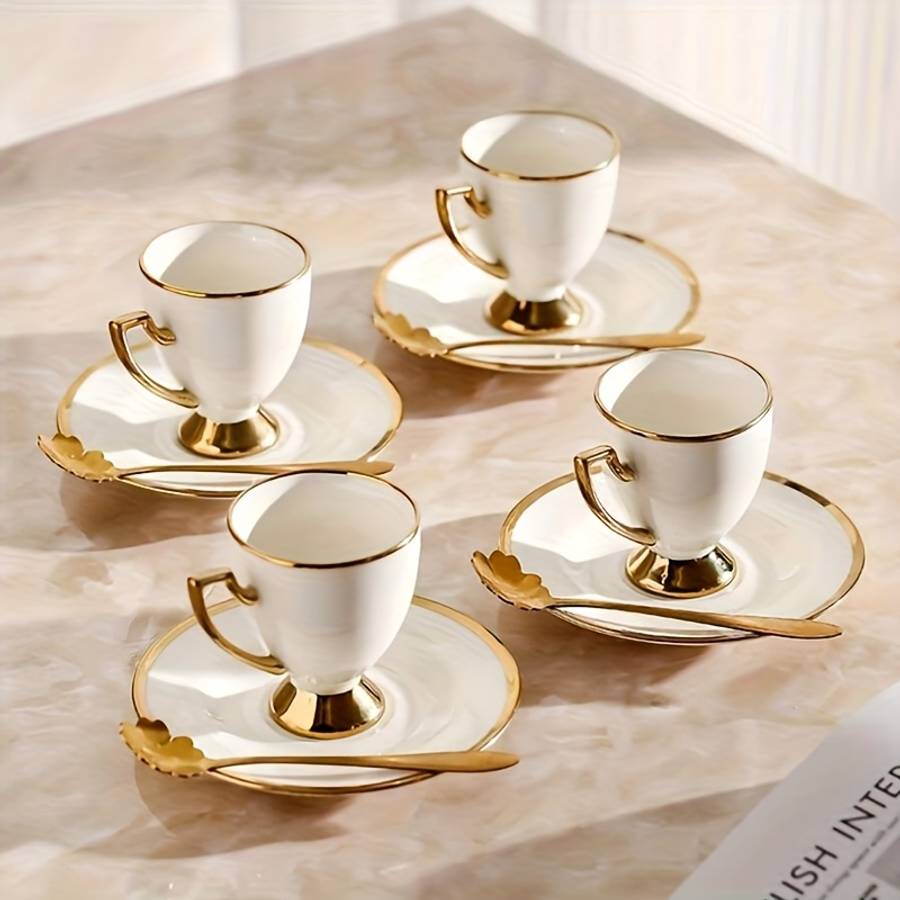 Water Cup Color White Model2009 Ceramic 4 Cups 4 Plates 4 Spoons