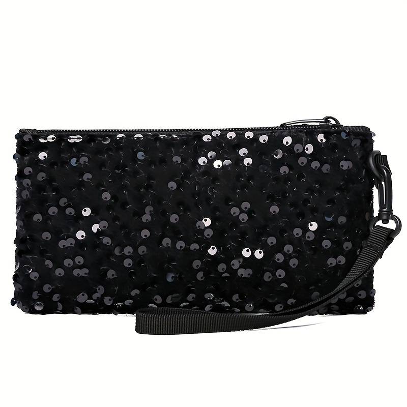 1pc Women's Black Sequin Clutch WalletLong Zippered Phone Bag with Adjustable Strap Stylish Wri