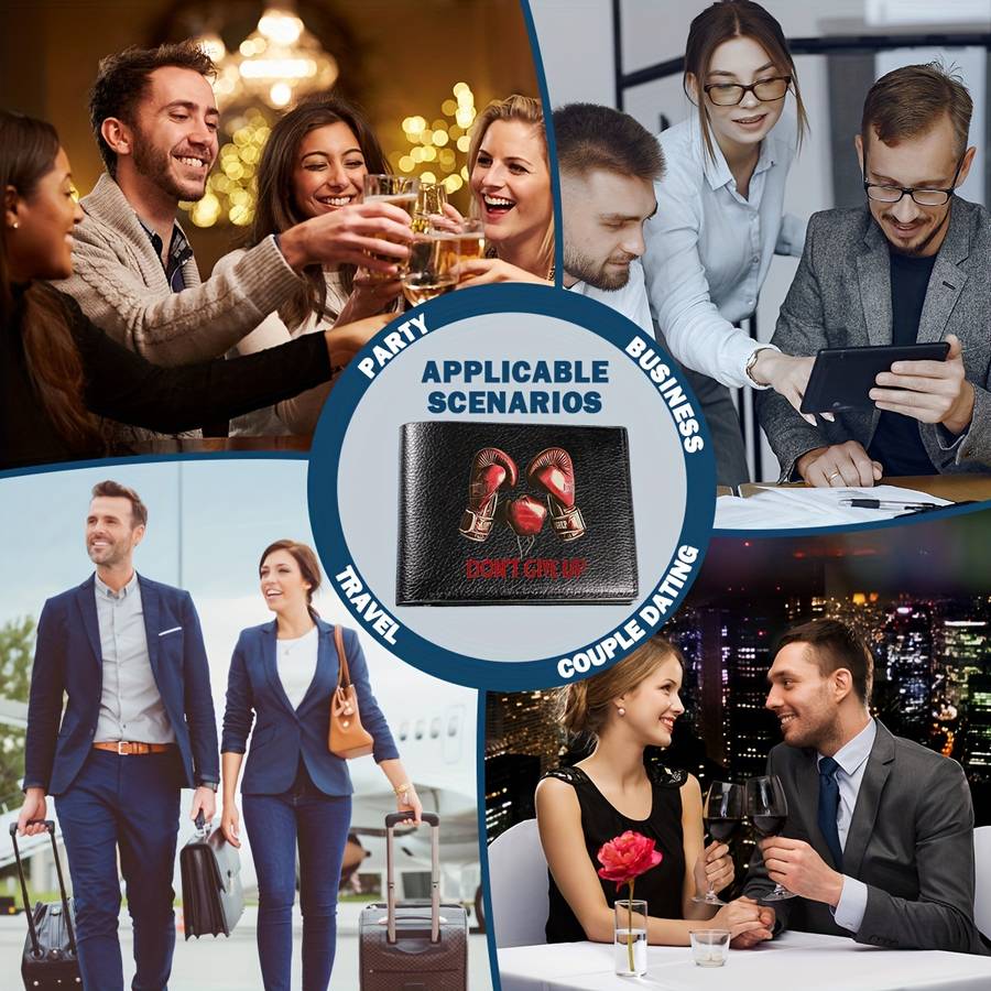 1pc Men's Motivational Boxing Gloves WalletBlack Faux Leather Bifold Design with Card Holder