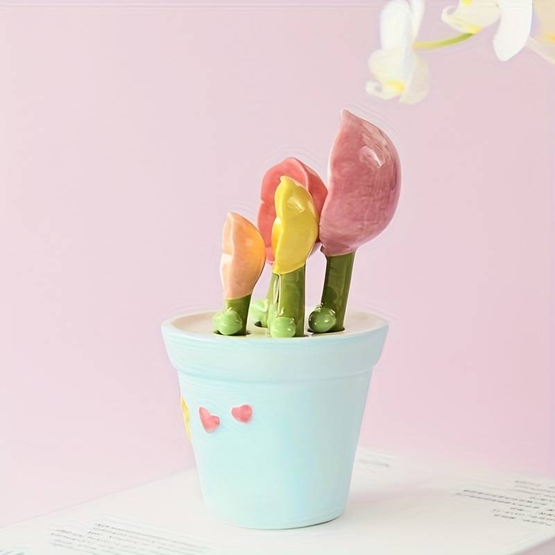 1 Set of Flower Spoons with Storage Rack Cute Household Kitchen Ceramic Spoons with Base Kitc