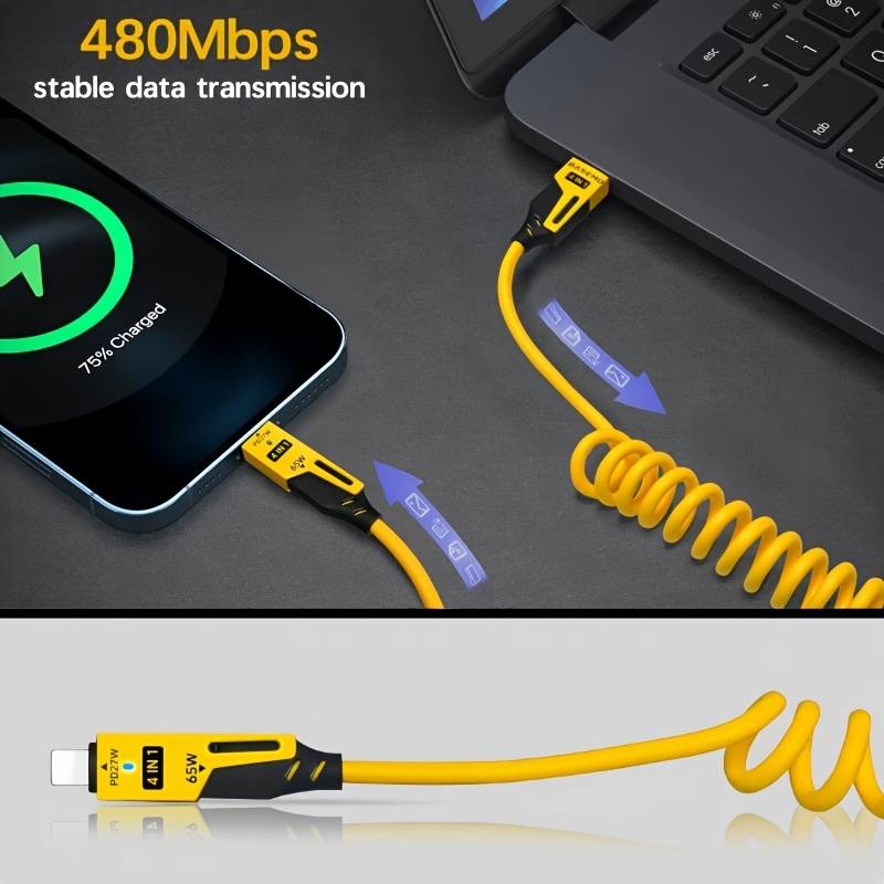 1pc 65W zinc alloy universal 4-in-1 high-speed charging data cable spring retractable cable co