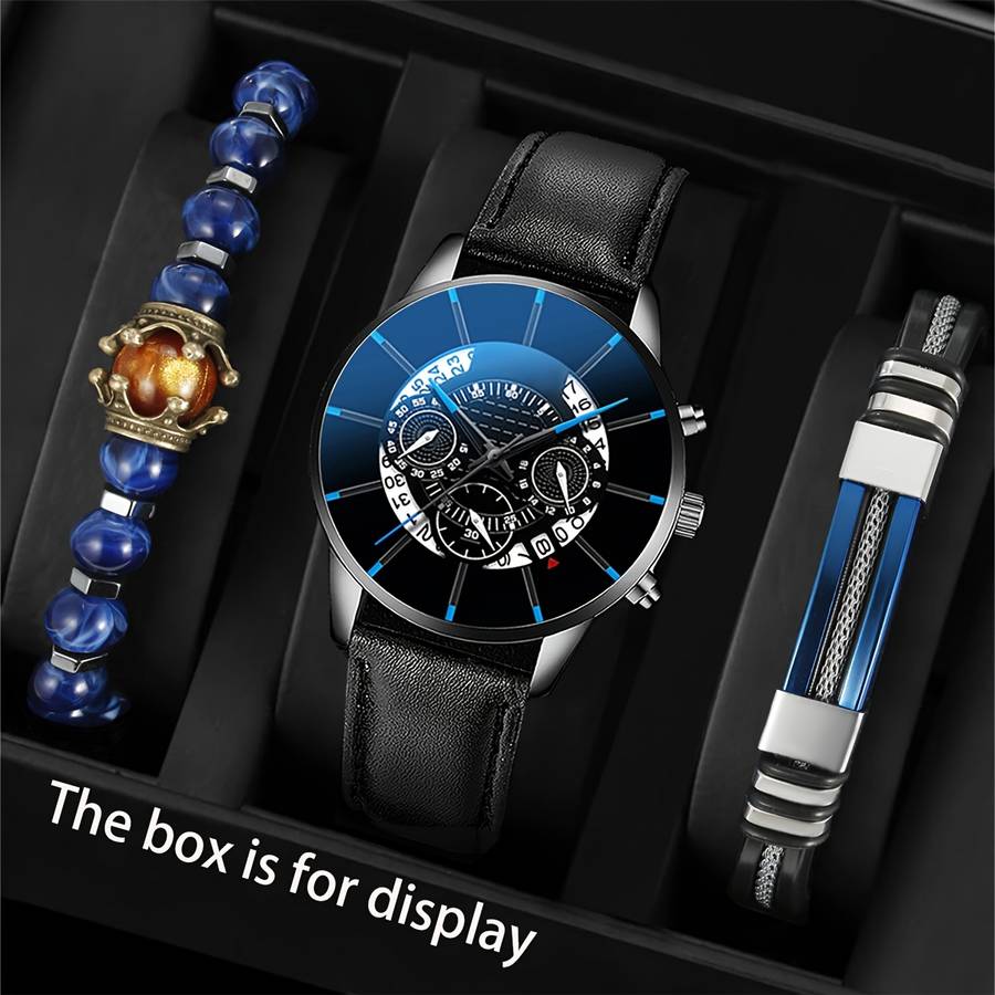 3Pcs Premium Men Business Style Wristwatch Versatile Bracelet Set Perfect Black