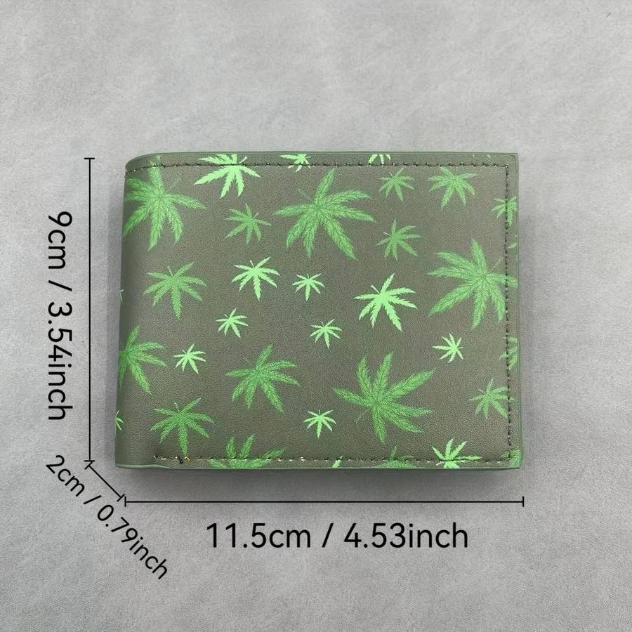 Men'S Stylish Faux Leather Wallet With Vibrant Leaf Printcompact Green Design Perfect Gift