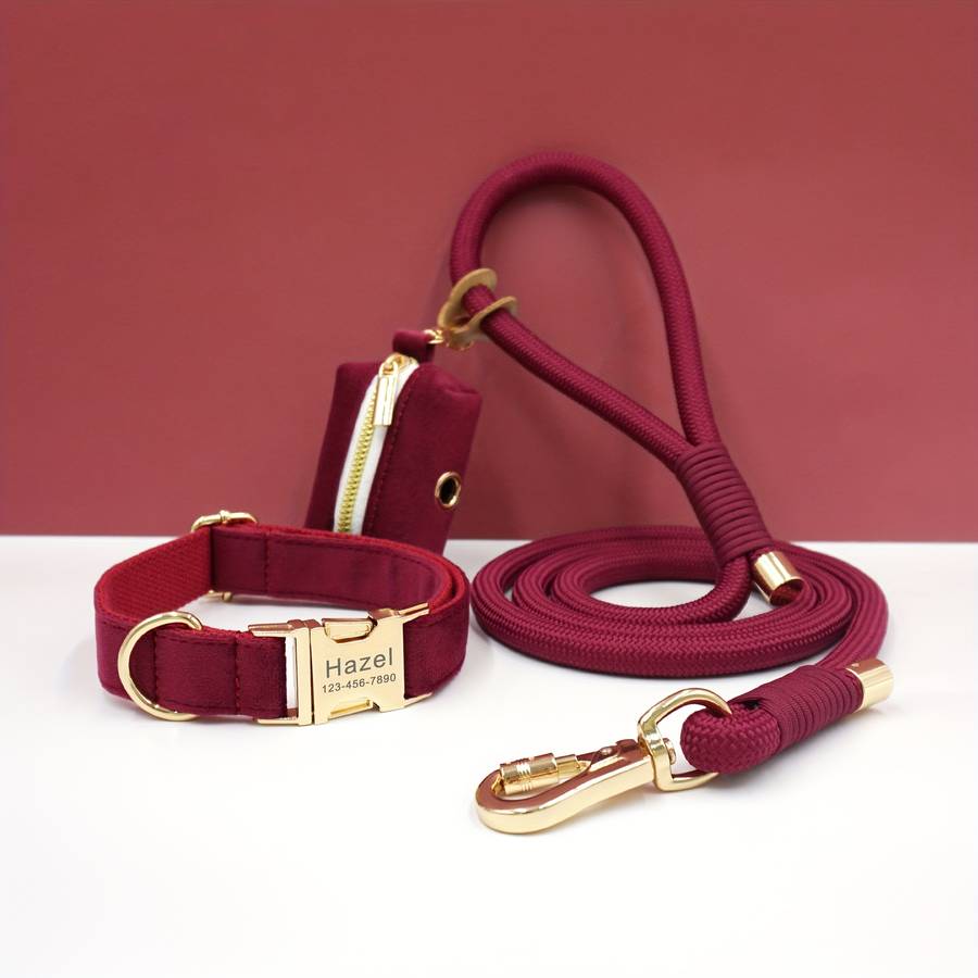 Dog Leash Color Bordeaux Velvet Round Rope 3Piece Set Size L