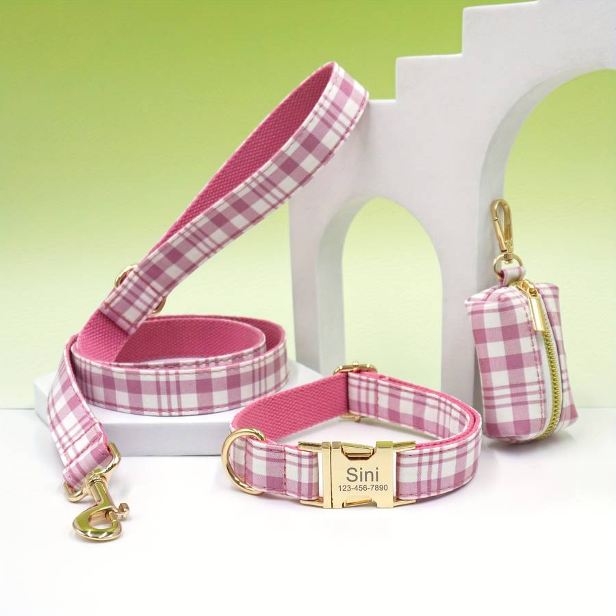 Dog Leash Color Pink Plaid Light Golden Leash 3Piece Set Size M