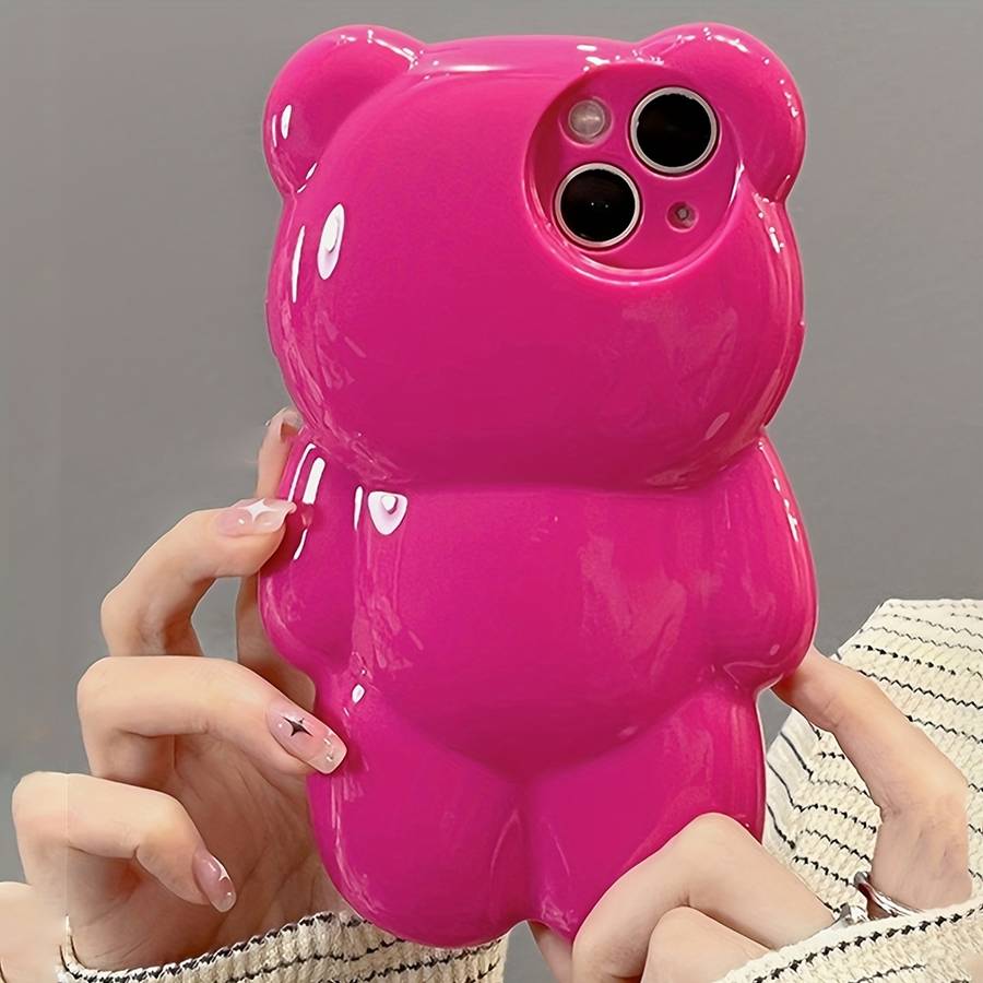 1Pc Rose Red For iPhone 14 Pro Max 3D Hot Pink Bear Phone Case
