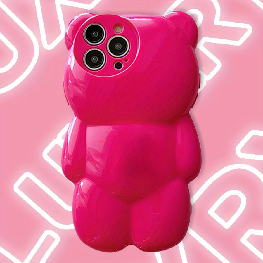 1Pc Rose Red For iPhone 14 Pro Max 3D Hot Pink Bear Phone Case