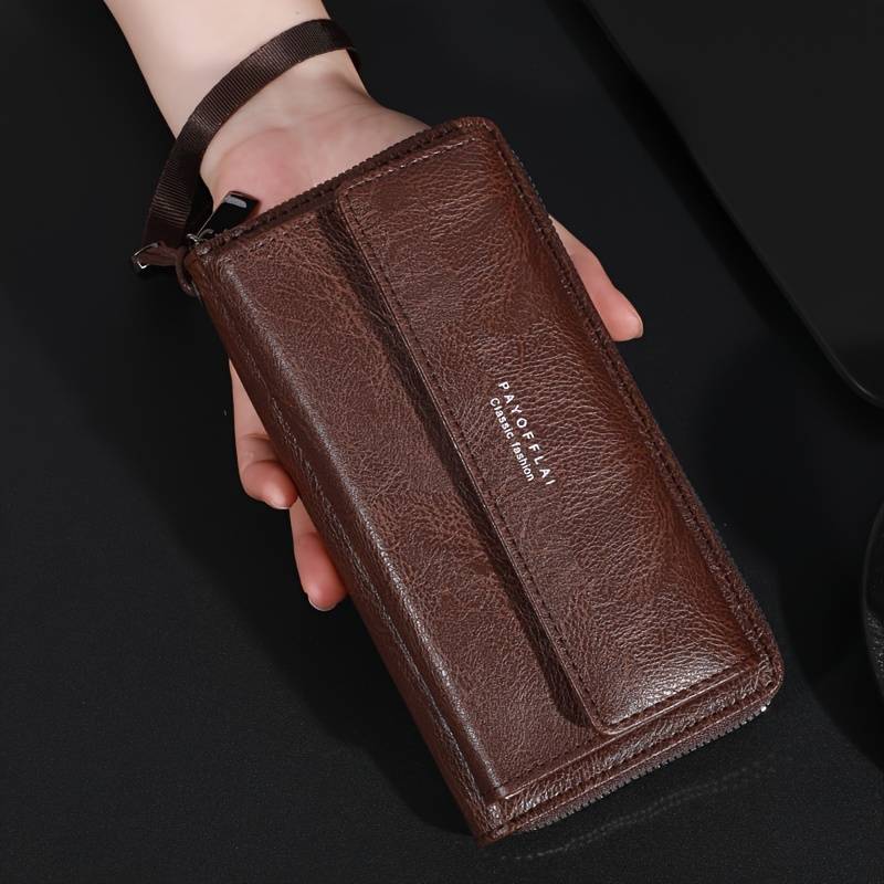 1pc Premium Men's Wallet with Double-Layer Zipper Card HolderClassic Brown Textured Design Sn
