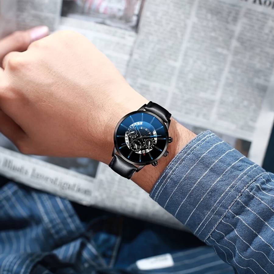 3Pcs Premium Men Business Style Wristwatch Versatile Bracelet Set Perfect Black